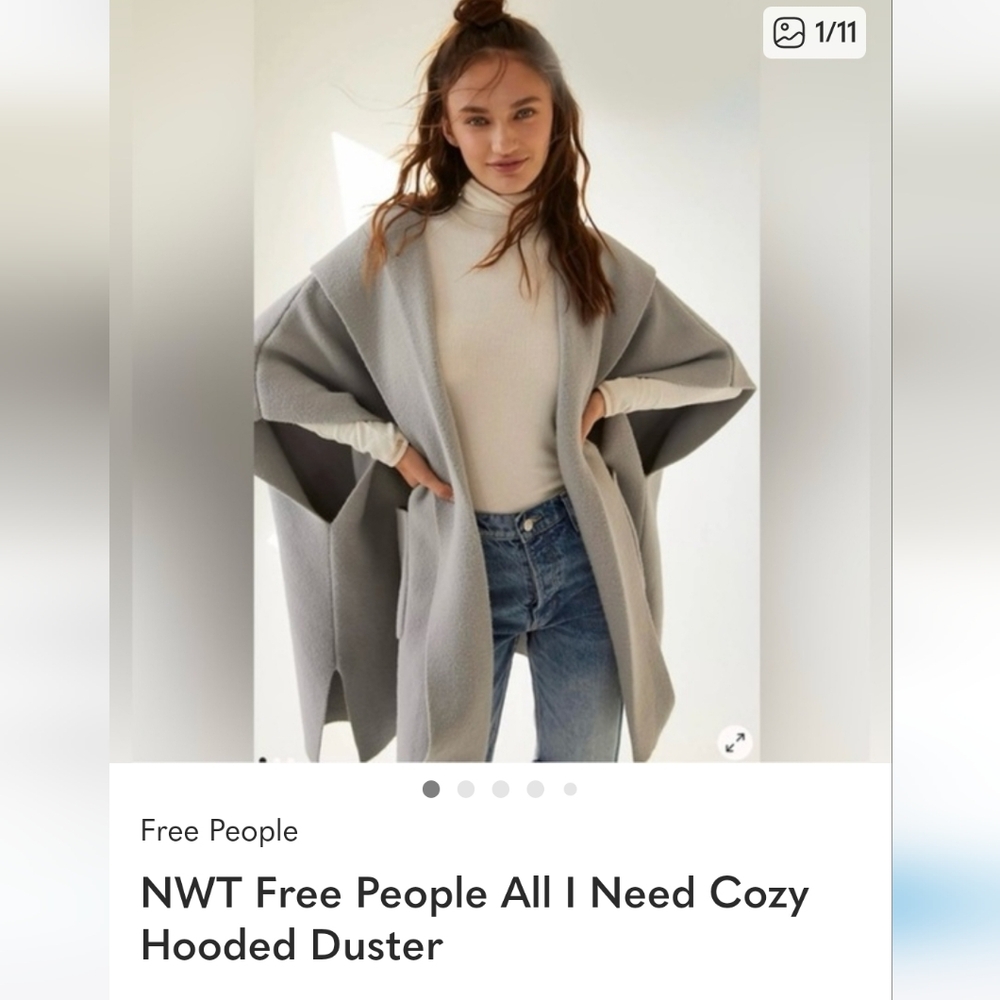 Free People Blue Gray Cozy Hooded Duster